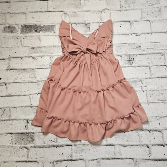 SHEIN V-Neck Spaghetti Strap Bow Open Back Crochet top Mini Swing Dress - Picture 5 of 7